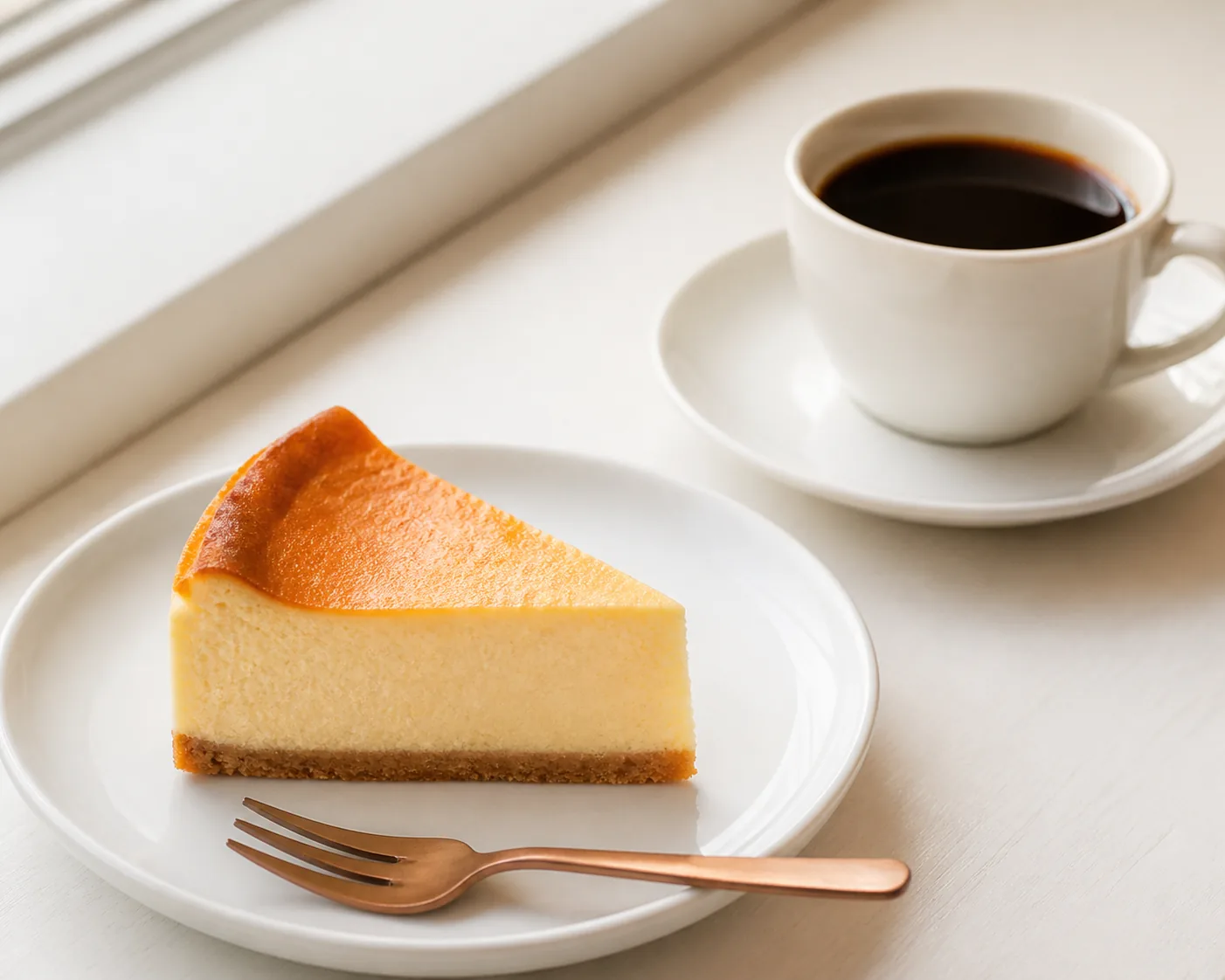 ベイクドチーズケーキと、ソーサーにのったブラックコーヒー
